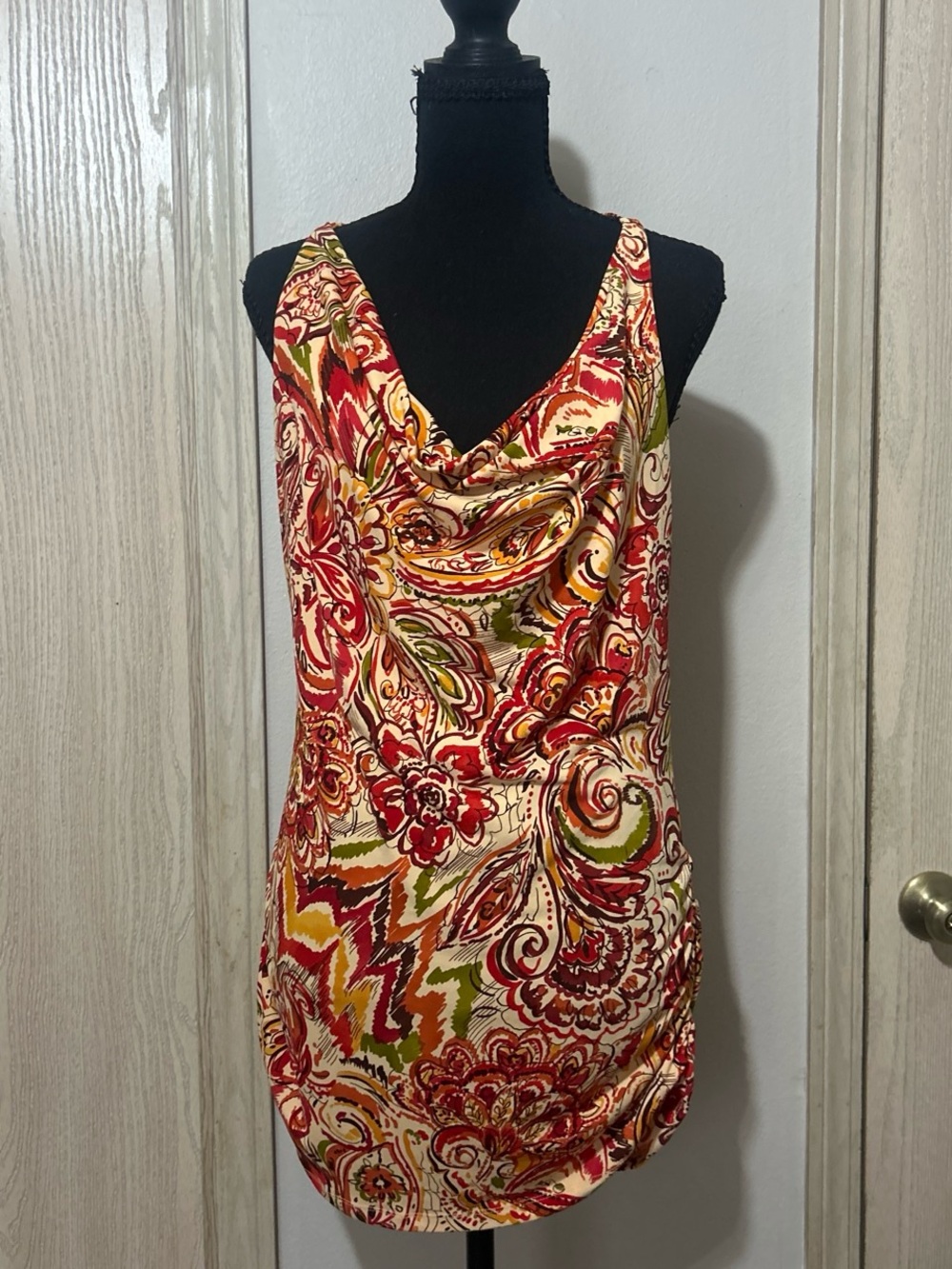 Bisou Bisou Red Cream Green Floral Paisley Tank Top